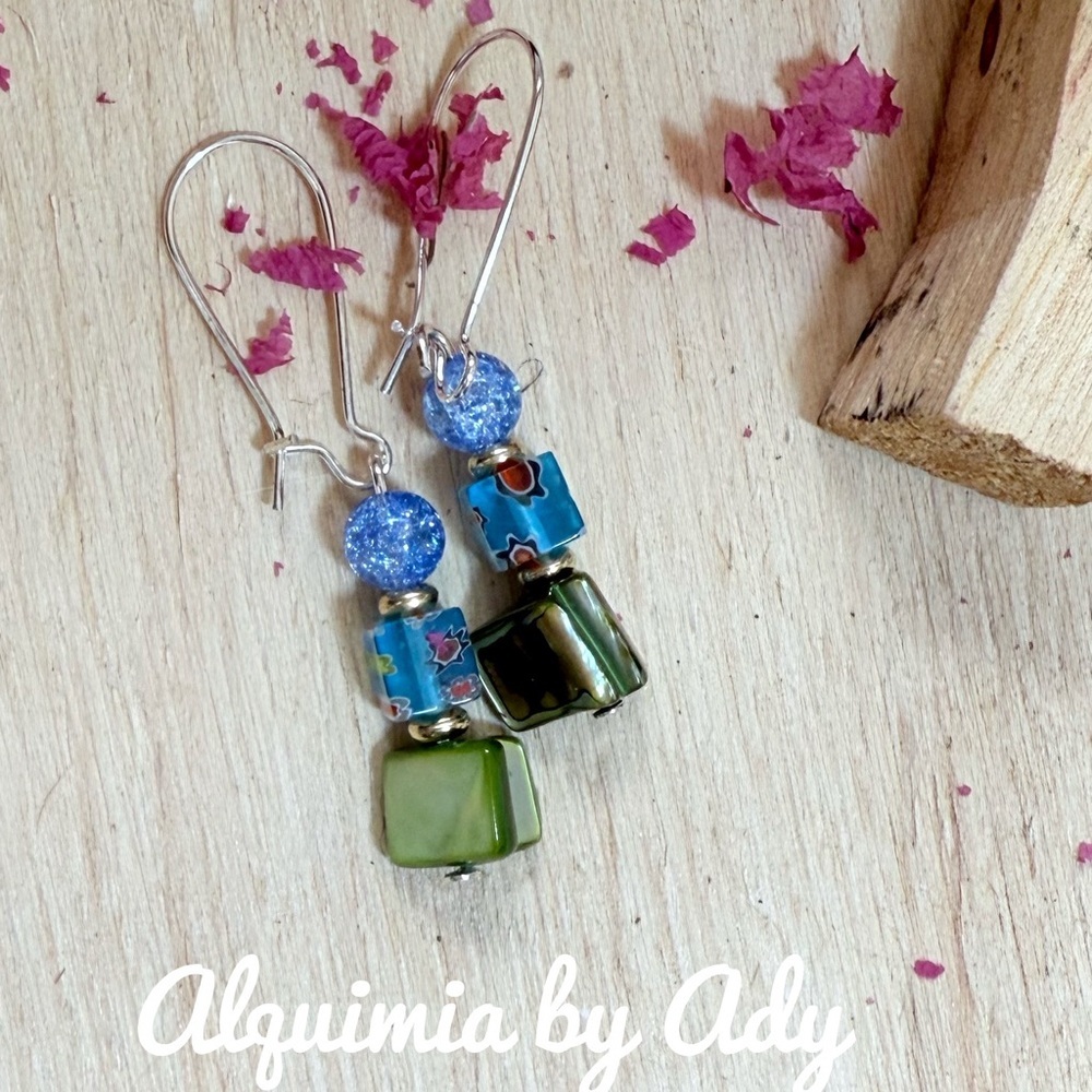 Green Mother of pearl Blue  Quartz Beaded Earrings